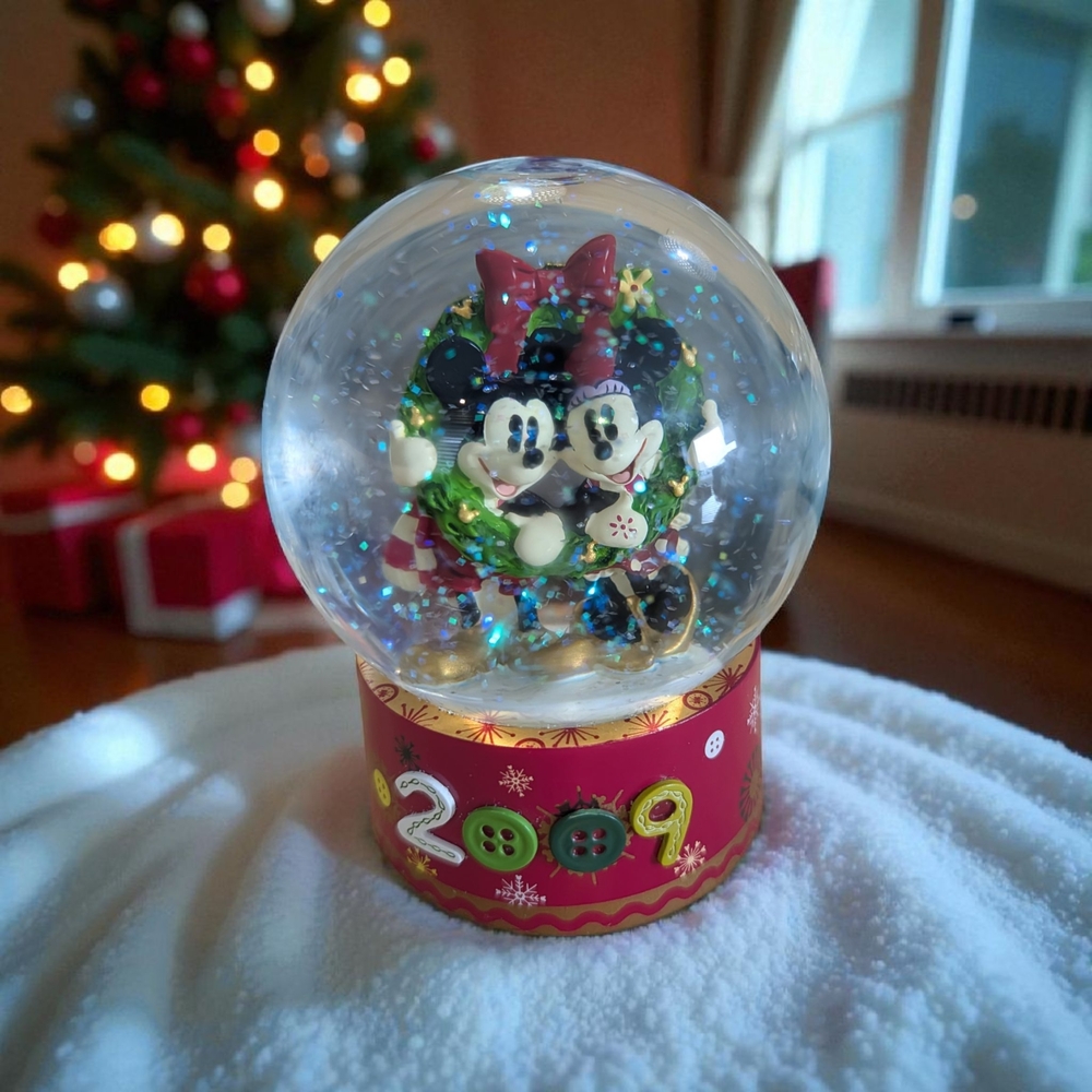 Disney Store Christmas Holiday Snow Globe with Mickey and Minnie 2009